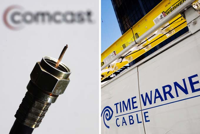 n this combination of Associated Press photos, the a coaxial cable is displayed in front of the Comcast Corp. logo in Philadelphia, on Wednesday, July 30, 2008, and a Time Warner Cable truck is parked in New York on Feb. 2, 2009. (AP Photo/Matt Rourke)