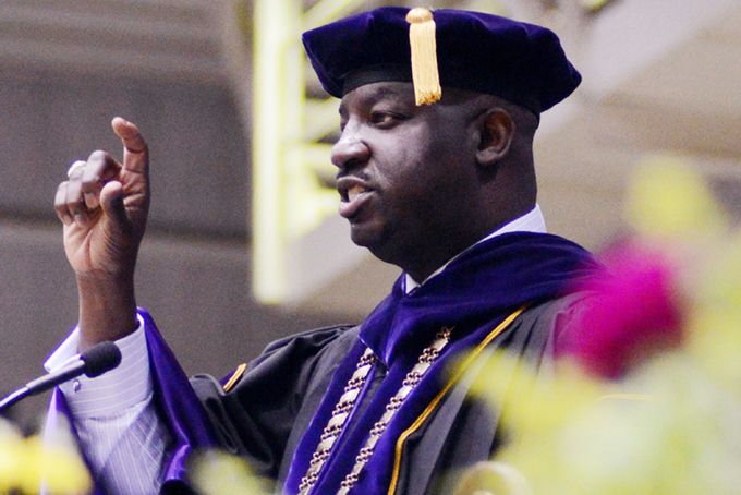 In this May 11, 2013 file photo, Alcorn State University President M. Christopher Brown II, speaks during the school's 2013 commencement ceremony at the Dave L. Whitney Athletic Complex on the Lorman, Miss., campus.  (AP Photo/The Natchez Democrat, Jay Sowers, File)