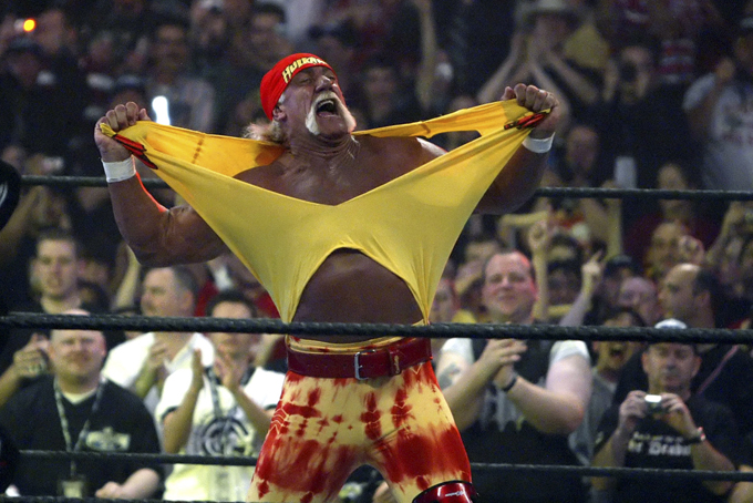  In this April 3, 2005, file photo, Hulk Hogan fires up the crowd between matches during WrestleMania 21 in Los Angeles. (AP Photo/Chris Carlson, File)