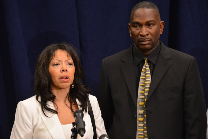  Jordan Davis' parents, Lucia McBath, left, and Ronald Davis, speak to the media after the verdict was read in the trial of Michael Dunn, Saturday, Feb. 15, 2014, in Jacksonville, Fla. (AP Photo/The Florida Times-Union, Pool)