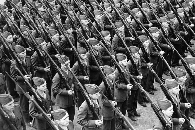 In this Jan. 21, 1942 file photo, new recruits for the U.S. Marines march in formation during training at Parris Island in South Carolina. (AP Photo)