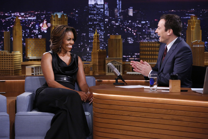 In this image provided by NBC Universal First Lady Michelle Obama is seen during an interview with host Jimmy Fallon on Thursday Feb. 20, 2014. (AP Photo/NBC, Lloyd Bishop)