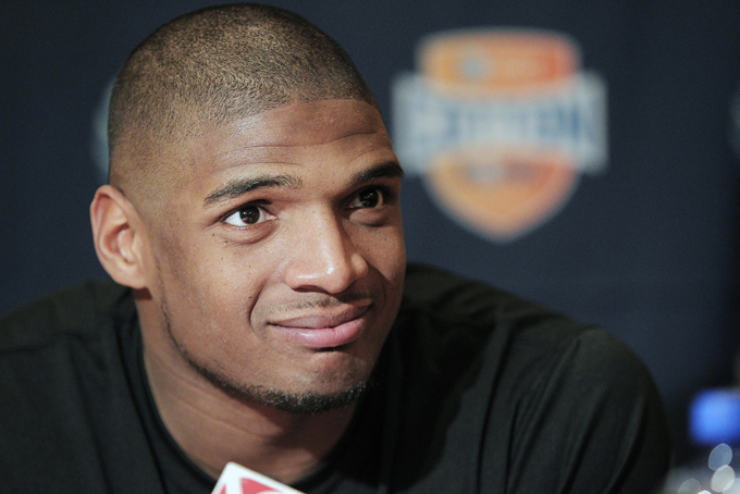 In this Jan. 1, 2014, file photo, Missouri senior defensive lineman Michael Sam speaks to the media during an NCAA college football news conference in Irving, Texas. Sam says he is gay, and he could become the first openly homosexual player in the NFL. (AP Photo/Brandon Wade, File) 