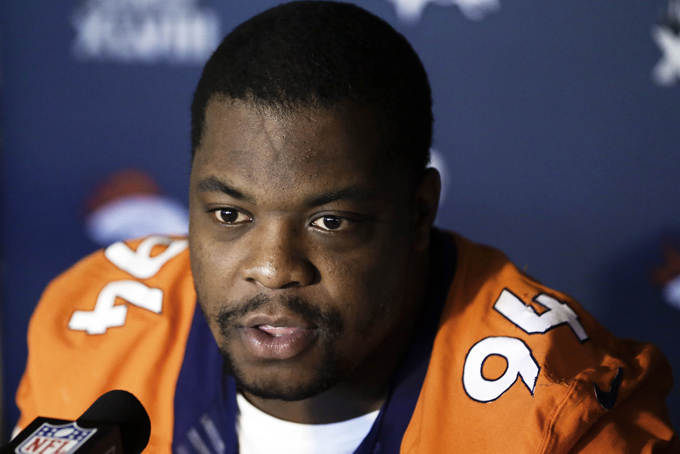  Denver Broncos defensive tackle Terrance Knighton talks with reporters during a news conference Thursday, Jan. 30, 2014, in Jersey City, N.J. (AP Photo)