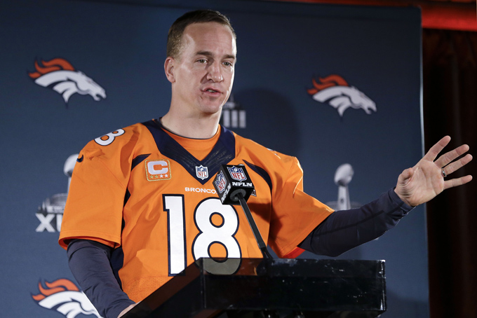 Denver Broncos quarterback Peyton Manning talks with reporters during a news conference Thursday, Jan. 30, 2014, in Jersey City, N.J. The Broncos are scheduled to play the Seattle Seahawks in the NFL Super Bowl XLVIII football game Sunday, Feb. 2, in East Rutherford, N.J. (AP Photo)