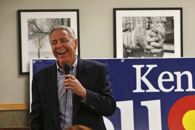 In this Jan. 24, 2014, file photo, Weld County District Attorney Ken Buck speaks to supporters during a campaign dinner event at Johnson's Corner, a truck stop and diner in Johnstown, Colo. (AP Photo/Brennan Linsley, File)