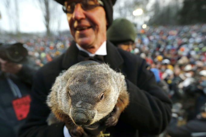 In a Saturday, Feb. 2, 2013 file photo, Groundhog Club co-handler Ron Ploucha holds the weather predicting groundhog, Punxsutawney Phil, after the club said Phil did not see his shadow and there will be an early spring, on Groundhog Day, in Punxsutawney, Pa. (AP Photo/Keith Srakocic, File)