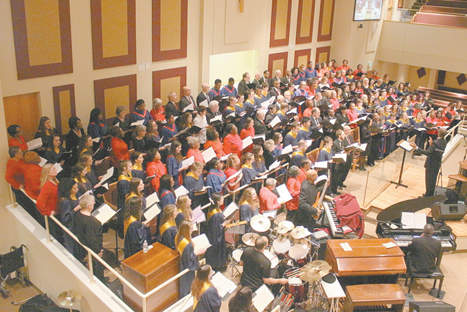 COMBINED CHOIRS—Members of The Anointed Children of God Mime Ensemble, the Heritage Gospel Chorale, East Suburban Unitarian Universalist Church, First Unitarian Church, Franklin Regional High School, Lemington Chorale, McKeesport Area High School Chorus, Steel City Men’s Chorale, University of Pittsburgh Men’s Glee Club, Wilkinsburg High School Choir all on stage together to perform various selections.   