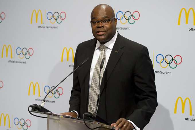 In this Jan. 13, 2012, file photo, Don Thompson, McDonald’s President and Chief Operating Officer, speaks during a news conference in Innsbruck, Austria. McDonald's Corp. has tapped Steve Easterbrook as its new president and CEO to succeed Thompson, who has helmed the burger chain about two and a half years, the company announced Wednesday, Jan. 28, 2015. (Kerstin Joensson/AP Images for McDonald’s, File)   