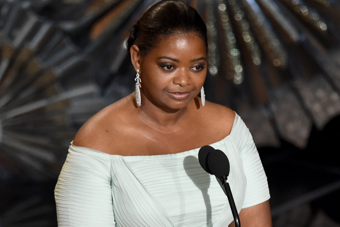 Octavia Spencer speaks on stage at the Oscars on Sunday, Feb. 22, 2015, at the Dolby Theatre in Los Angeles. (Photo by John Shearer/Invision/AP)