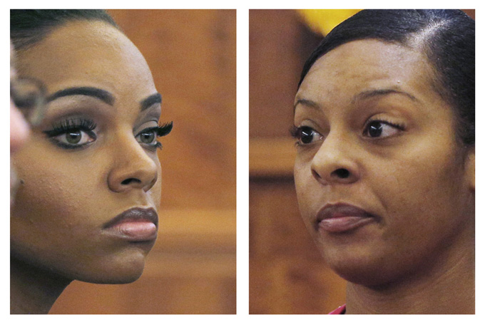 In this combo of Feb. 4, 2015 file photos, Shayanna Jenkins, left, fiancee of former  NFL football player Aaron Hernandez, listens to her sister Shaneah Jenkins, right, testify during Hernandez's murder trial at Bristol County Superior Court in Fall River, Mass. Hernandez is accused of the June 2013 killing of Odin Lloyd. The sisters introduced the two men 10 months before the killing. Their once-close relationship now appears fractured, as each sister has aligned herself with a different side. (AP Photo/Brian Snyder, Pool, File)