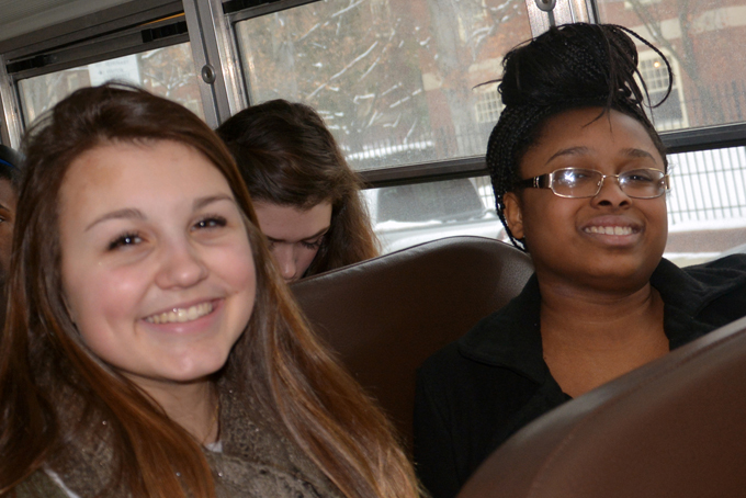 Pittsburgh Obama Senior Rosa Vitti (left) and Junior Marli Francis (right) on the school bus headed to Waterworks Cinemas to watch ‘Selma’