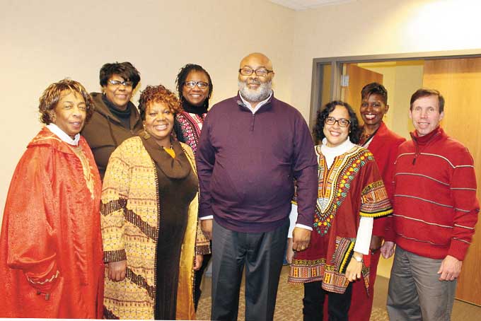ORGANIZING COMMITTEE—The Black History Month Committee with keynote speaker Samuel Black in middle. From left: Rev. Maureen Cross-Bolden, Conchita Booth, Louise Walker, Judith Kirby, Tamara Collier and George Buck.   
