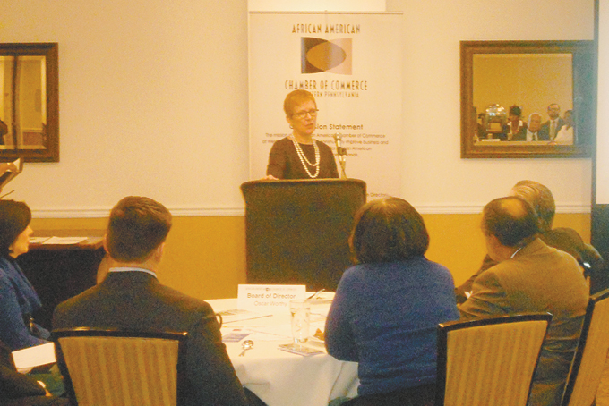 MOVING AHEAD—Port Authority of Allegheny CEO Ellen McLean outlines PAT development plans and business opportunities at the African American Chamber of Commerce PowerBreakfast. 