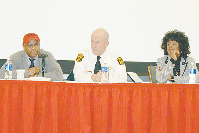 PANEL—From left: George Yancy, PhD, professor, Department of Philosophy, Duquesne University; Chief of Police City of Pittsburgh Cameron McLay, and Connie Parker president of Pittsburgh Unit of  NAACP. (Photo by J L. Martello).  