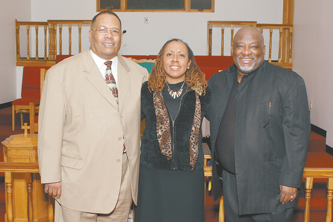 PRISON MINISTRY—“Operation Critical–Destination Unity” was the theme of the Bethel AME Church, in Monroeville, 16th annual prison ministry program held Jan. 24. Leadership pictured above, from left: Robert W. Chambers Jr., co-founder and coordinator; Rev. Buena Smith Dudley, pastor; and guest speaker Rev. Aaron Watt, pastor of Grace Missionary Baptist Church.