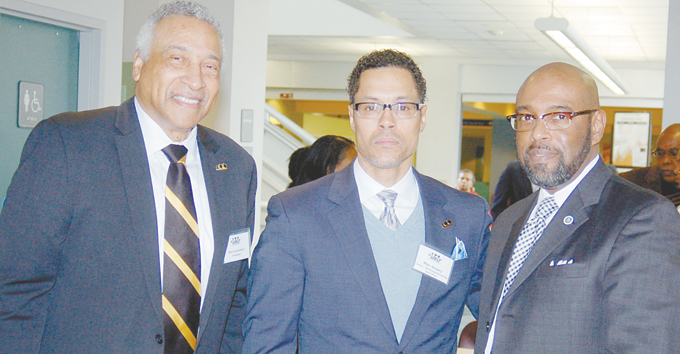 PUTTING IT ALL TOGETHER—From left: Ron Lawrence, president of 100 Black Men of Western Pa. Inc.; Mike Quigly, mentoring partner at U Prep; and Quintin Bullock, president of CCAC, collaborating at Mentorship Forum.