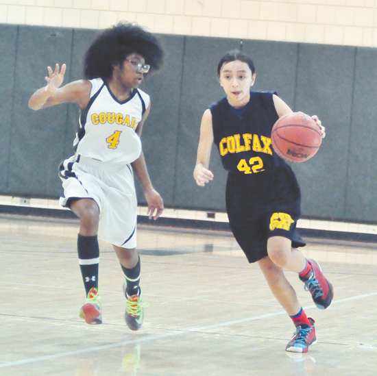 SOPHIA NORTH of Colfax drives up court against Raven Haston of Sterrett , North chipped in with 8 points in the Cobras 35-23 win.