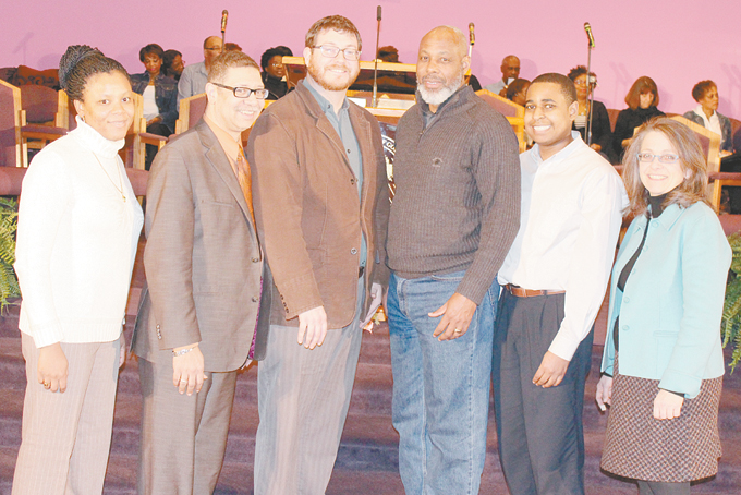 THE COMMITTEE—From left: Laurie Gourdet, student at Pgh Theo Seminary; Pastor Robert Tedder, Union Baptist Church in Swissvale; Pastor David Swanson, Pgh Mennonite Church; John Welch, dean of Pittsburgh Theological Seminary; Executive Minister Les Scales, Union Baptist Church Swissvale; and Helen Blier, director of Continuing Education at PTS. (Photos by Jackie McDonald) 
