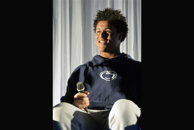 Penn State football recruit Sterling Jenkins, an offensive tackle from Pittsburgh, sits onstage during signing day events, Wednesday, Feb. 4, 2015, in State College, Pa. (AP Photo/York Daily Record/Sunday News, Chris Dunn)