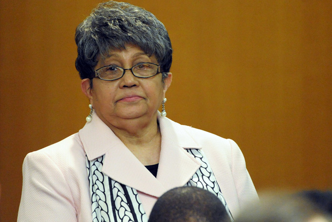  In this Friday, May 3, 2013, file photo, former Atlanta Public Schools Superintendent Beverly Hall stands as her attorney presents a motion at the Fulton County Superior Court hearing for several dozen Atlanta Public Schools educators facing charges alleging a conspiracy of cheating on the CRCT standardized tests in Atlanta. (AP Photo/David Tulis, File)