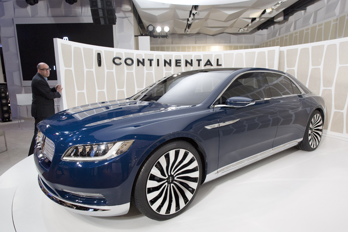 A Lincoln Continental concept car is shown at the New York International Auto Show, Monday, March 30, 2015, in New York. Thirteen years after the last Continental rolled off the assembly line, Ford Motor Co. is resurrecting its storied nameplate. The production version of the full-size sedan goes on sale next year. (AP Photo/Mark Lennihan)