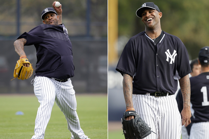 At left, in a Feb. 25, 2015, file photo, New York Yankees starting pitcher CC Sabathia throws during a spring training baseball workout in Tampa, Fla. At right, in a Feb. 21, 2014, file photo, New York Yankees starting pitcher CC Sabathia reacts before throwing a pitch during spring training baseball practice in Tampa, Fla. Big and bloated or slim and sleek, plenty of players showed up to spring training this year looking nothing like they did last year.  “I think I was just trying to find a good weight to play at,” said Sabathia, who showed up at Yankees camp this spring at more than 300 pounds. “Last year I came in too light.”(AP Photo/File)