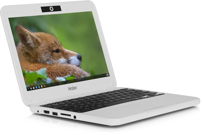 This product image provided by Google shows the Haier Chromebook 11, a $149 laptop running on Google's Chrome operating system. Google is releasing two $149 laptops in an effort to undercut Microsoft’s Windows franchise and drive down already falling personal computer prices. (AP Photo/Google).