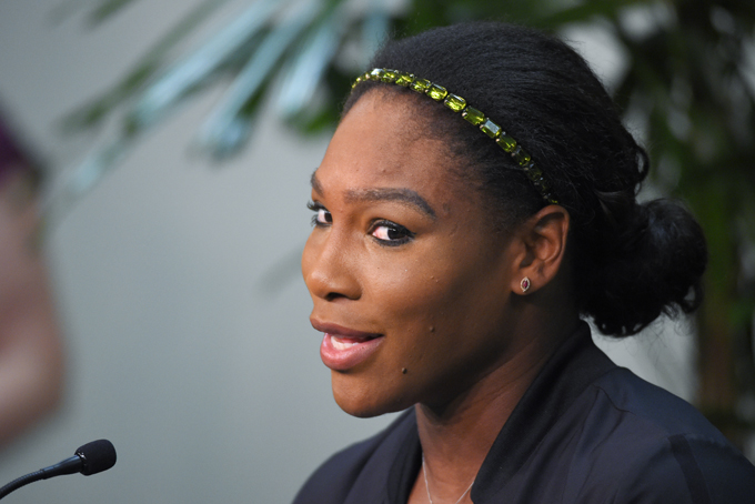 Serena Williams takes part in an interview at the BNP Paribas Open tennis tournament, Thursday, March 12, 2015, in Indian Wells, Calif. (AP Photo/Mark J. Terrill)   