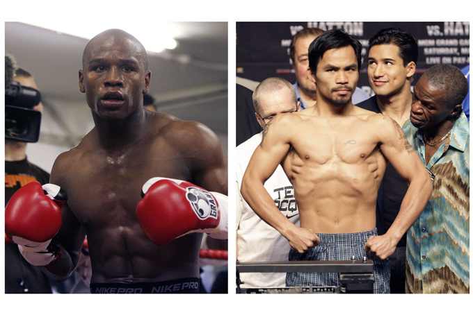 In this combination of file photos, Floyd Mayweather Jr., left, prepares to spar at a gym in east London on May 22, 2009, and Manny Pacquiao, right, of the Philippines, weighs in for the junior welterweight boxing match against British boxer Ricky Hatton, May 1, 2009, in Las Vegas. (AP Photos/Alastair Grant and Rick Bowmer, File)