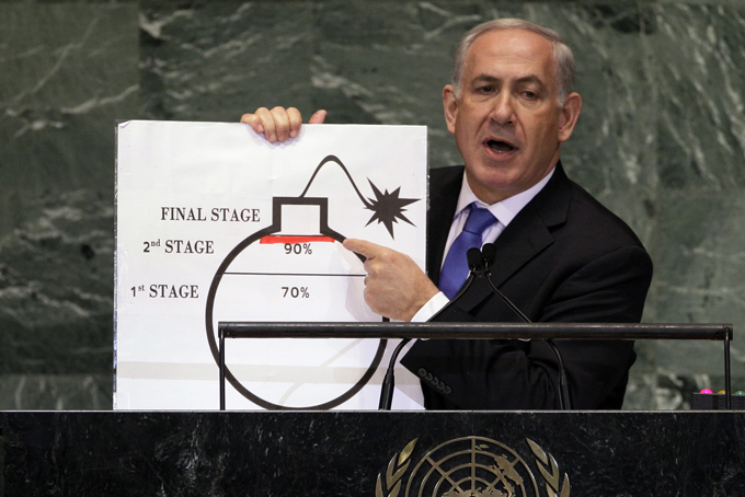 In this Sept. 27, 2012, file photo, Prime Minister Benjamin Netanyahu of Israel shows an illustration as he describes his concerns over Iran's nuclear ambitions during his address to the 67th session of the United Nations General Assembly at U.N. headquarters. Despite his speech to Congress, his efforts to halt the Iranian nuclear program _ which he describes as the mission of his lifetime _ appear to be stumbling as the U.S. seems to move toward a deal with the Islamic Republic. (AP Photo/Richard Drew, File)