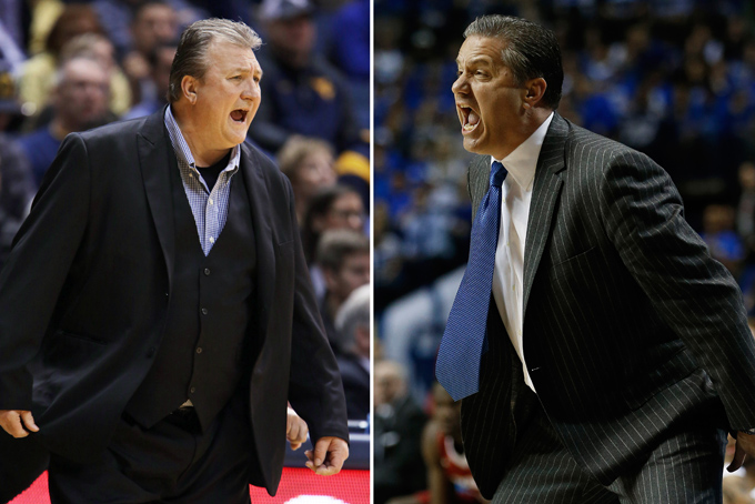 At left, in a Dec. 30, 2014, file photo, West Virginia coach Bob Huggins calls out instructions to his team during an NCAA college basketball game against Virginia Tech in Morgantown, W.Va. At right, in a March 15, 2015, file photo, Kentucky head coach John Calipari reacts to play against Arkansas during the first half of the NCAA college basketball Southeastern Conference tournament championship game in Nashville, Tenn. Kentucky and West Virginia play on Thursday, March 26, 2015, in the regional semifinals of the NCAA Tournament in Cleveland. (AP Photo/File)
