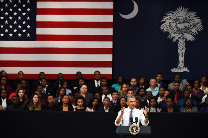 President Barack Obama speaks during a town-hall meeting about the importance of community involvement, Friday, March 6, 2015, at Benedict College in Columbia, S.C. (AP Photo/Rainier Ehrhardt)