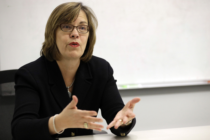Popeye's CEO Cheryl Bachelder speaks during an interview with The Associated Press, Friday, Feb. 27, 2015, in New York. Bachelder has been the restaurant chain's CEO since 2007. (AP Photo/Mary Altaffer)
