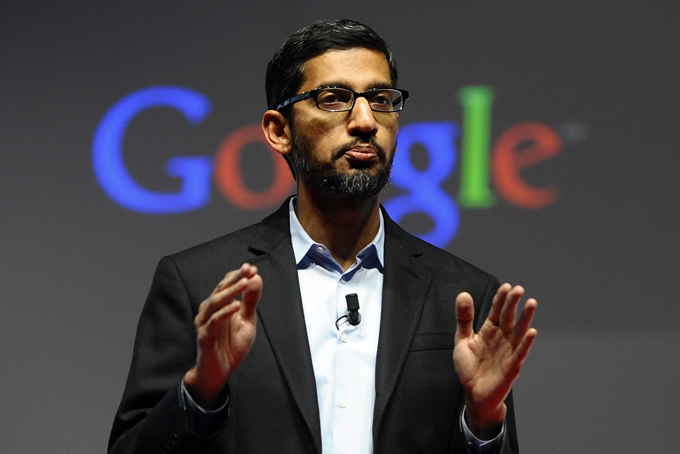 Sundar Pichai, senior vice president of Android, Chrome and Apps, talks during a conference during the Mobile World Congress, the world's largest mobile phone trade show in Barcelona, Spain, Monday, March 2, 2015. (AP Photo/Manu Fernandez)