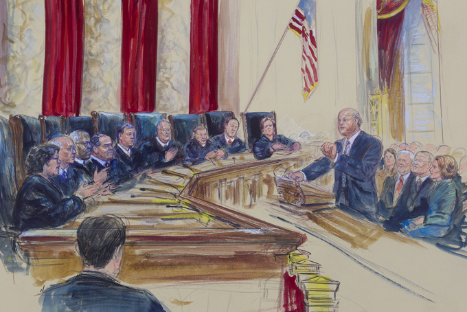This courtroom artist rendering shows Michael Carvin, lead attorney for the petitioners,, right, speaking before the Supreme Court in Washington, Wednesday, March 4, 2015, a the court heard arguments in King v. Burwell, a major test of President Barack Obama's health overhaul which, if successful, could halt health care premium subsidies in all the states where the federal government runs the insurance marketplaces. Seated, left, from left are, Justice Sonia Sotomayor, Stephen Breyer, Clarence Thomas, Antonin Scalia, Chief Justice John Roberts, Anthony Kennedy, Ruth Bader Ginsburg, Samuel Alito, and Elena Kagan. (AP Photo/Dana Verkouteren)
