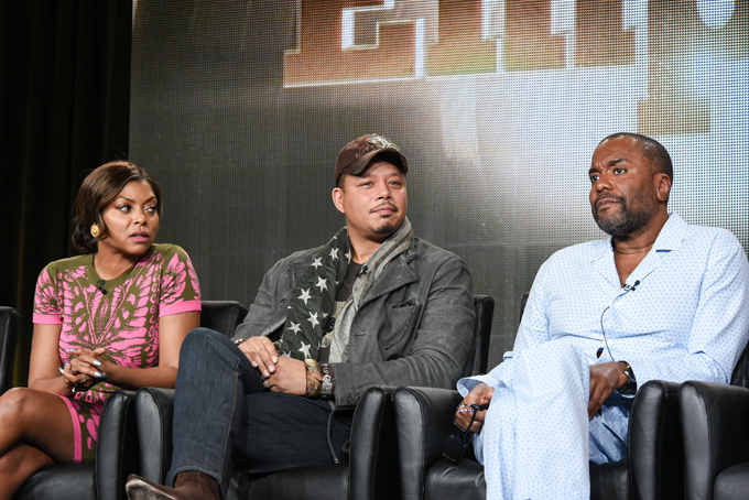 In this Jan. 17, 2015 file photo, from left, actors Taraji P. Henson, Terrence Howard, and director Lee Daniels speak on stage during the "Empire" panel at the Fox 2015 Winter TCA, in Pasadena, Calif. (Photo by Richard Shotwell/Invision/AP, File)   