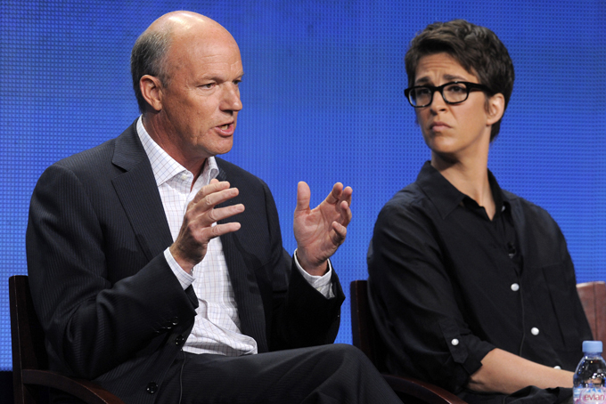 n this Aug. 2, 2011 file photo, Phil Griffin, left, president of MSNBC, answers a question as Rachel Maddow, host of "The Rachel Maddow Show," looks on at the NBC Universal summer press tour, in Beverly Hills, Calif. Griffin has lately sought to broaden MSNBC's outlook by taking on a greater variety of stories, even hiring a food correspondent, and there’s been some uptick in the ratings the past few weeks. He changed the daytime lineup, ditching opinionated programs hosted by Ronan Farrow and Joy-Ann Reid and establishing a news-focused bloc with Jose Diaz-Balart, Andrea Mitchell and Thomas Roberts. (AP Photo/Chris Pizzello, File)