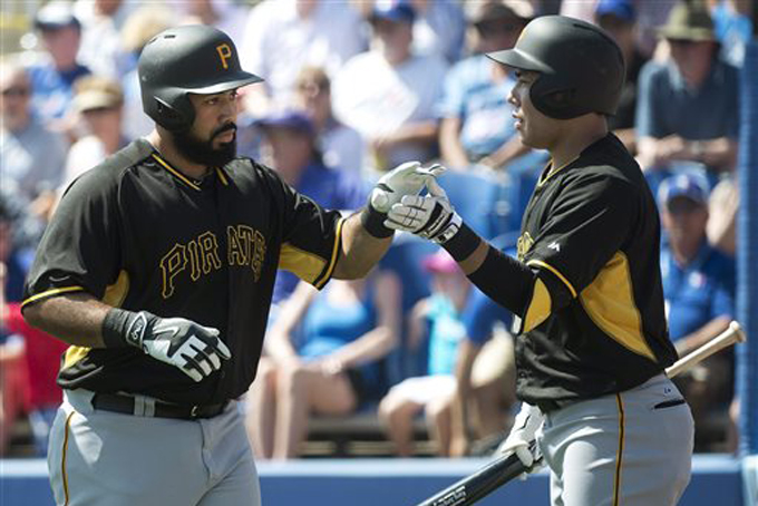 Pittsburgh Pirates's Pedro Alvarez, left, is congratulated by teammate Kang Jung-ho, after hitting a 3-run home run during the first inning of a spring training exhibition baseball game against the Toronto Blue Jays, Tuesday, March 3, 2015, in Dunedin, Fla. (AP Photo/The Canadian Press, Nathan Denette)