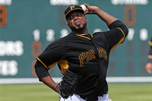 Pittsburgh Pirates pitcher Francisco Liriano throws during the first inning of a spring training exhibition baseball game against the New York Yankees in Bradenton, Fla., Thursday, March 5, 2015.  (AP Photo/Gene J. Puskar)