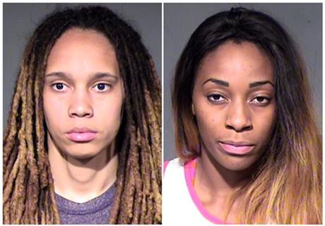 This combo of booking photos released by the Maricopa County Sheriff's Office, show WNBA players Brittney Griner and Glory Johnson. (AP Photo/Maricopa County Sheriff's Office)