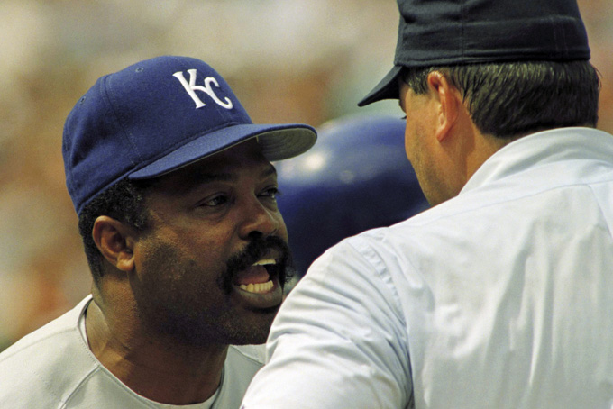 In this July 21, 1993, file photo, Kansas City Royals manager Hal McRae, left, argues with home plate umpire Durwood Merrill after being ejected during the seventh inning of a baseball game against the Baltimore Orioles at Camden Yards in Baltimore, Md. McRae went kaboom in his office following a 5-3 loss to Detroit on April 26, 1993. While getting pressed on his late-game decision making, McRae chastised reporters for asking 'stupid (bad word) questions' while rearranging the furniture in his office. (AP Photo/Carlos Osorio, File)