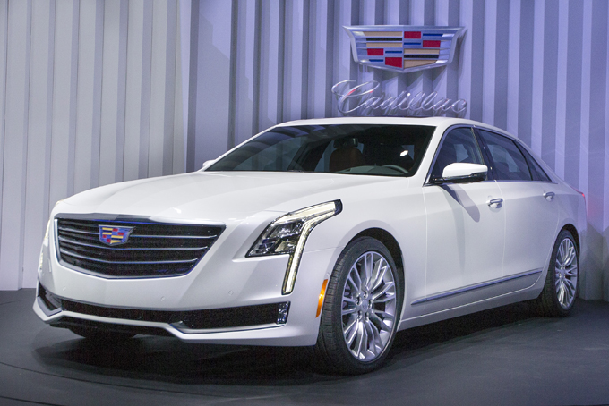 The Cadillac CT6 is shown at the New York International Auto Show event in Duggal Greenhouse, Tuesday, March 31, 2015, in the Brooklyn borough of New York. (AP Photo/John Minchillo)