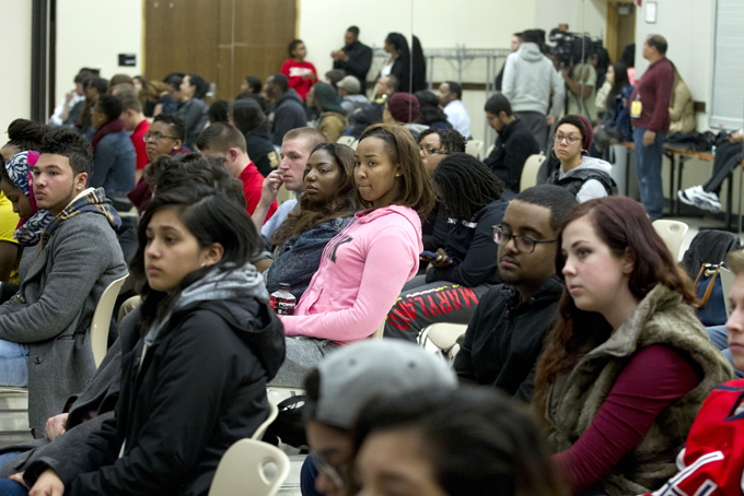 In this March 24, 2015 photo, University of Maryland students listen to speakers during a town hall meeting about racism in universities and what can be done to stop it, at University of Maryland in College Park, Md. Conversations like the one at Maryland’s Nyumburu Cultural Center are taking place nationwide as racist incidents continue to pop up at colleges and universities, even though students are becoming increasingly vocal in protesting racism and administrators are taking swift, zero-tolerance action against it. (AP Photo/Jose Luis Magana)