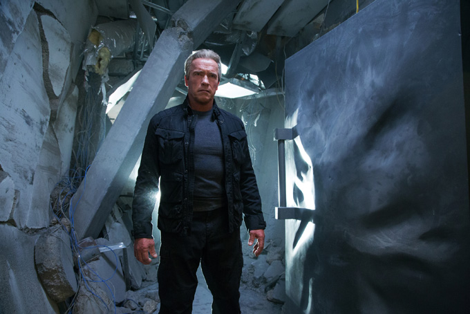 This image released by Paramount Pictures shows Arnold Schwarzenegger in a scene from "Terminator: Genisys, the fifth film in the series created by James Cameron in 1984. (Melinda Sue Gordon/Paramount Pictures via AP)