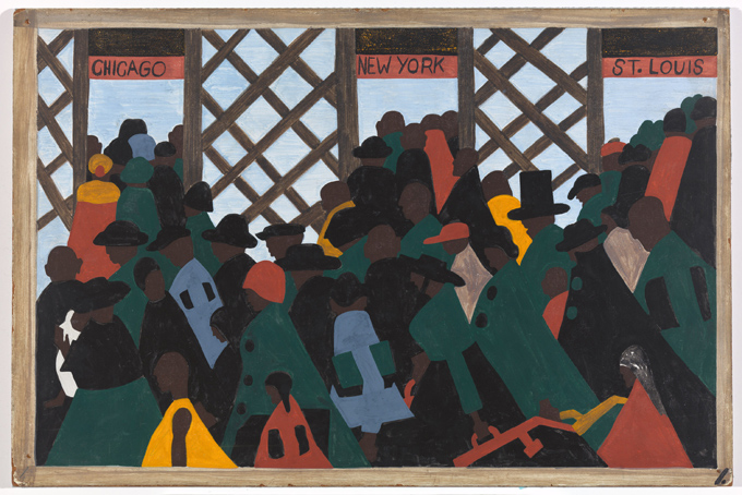 This photo provided by the Museum of Modern Art courtesy of The Phillips Collection, Washington D.C., shows a panel of The Great Migration series by African-American artist Jacob Lawrence titled “During the World War there was a great migration North by Southern Negroes,” included in the “One-Way Ticket” exhibition running through Sept. 7 at the Museum of Modern Art in New York. (Museum of Modern Art courtesy The Phillips Collection, Washington D.C. via AP)