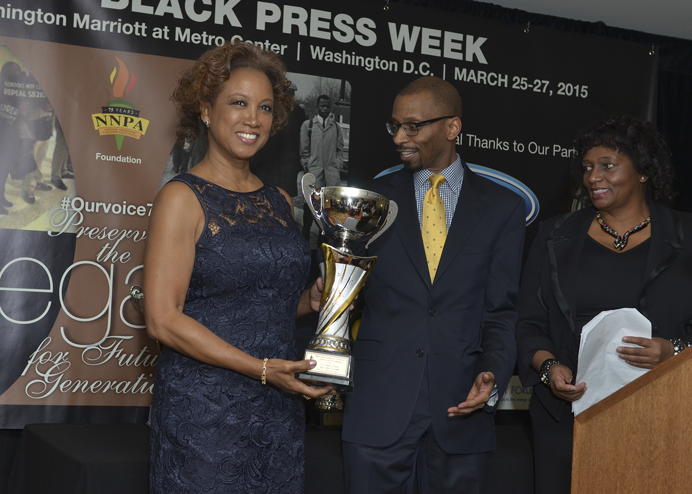 Former Florida Lt. Gov. Jennifer S. Carroll (left); Dirck Hargraves of Vox Global and Lenora Alexander, publisher of the Denver Weekly News (NNPA Photo by Freddie Allen)