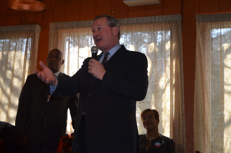 Mayoral candidate Jim Kenney accepts the endorsement from Northwest elected officials at an election day “kick-off” event Monday. State Rep. Dwight Evans and Councilwoman Cindy Bass are also pictured. — Photo by Samaria Bailey