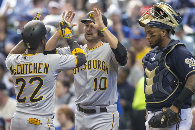 Pittsburgh Pirates' Andrew McCutchen (22) is greeted by teammate Jordy Mercer (10) after hitting a three-run home run during the sixth inning of a baseball game against the Milwaukee Brewers, Sunday, April 12, 2015, in Milwaukee. Brewers' Martin Maldonado looks on. (AP Photo/Tom Lynn)