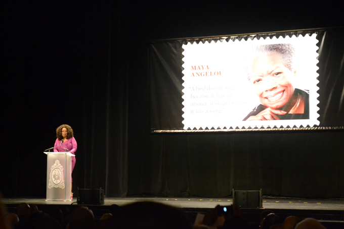 Oprah Winfrey speaks during the Maya Angelou commemorative stamp unveiling ceremony in Washington, D.C. (Jazelle Hunt/NNPA)